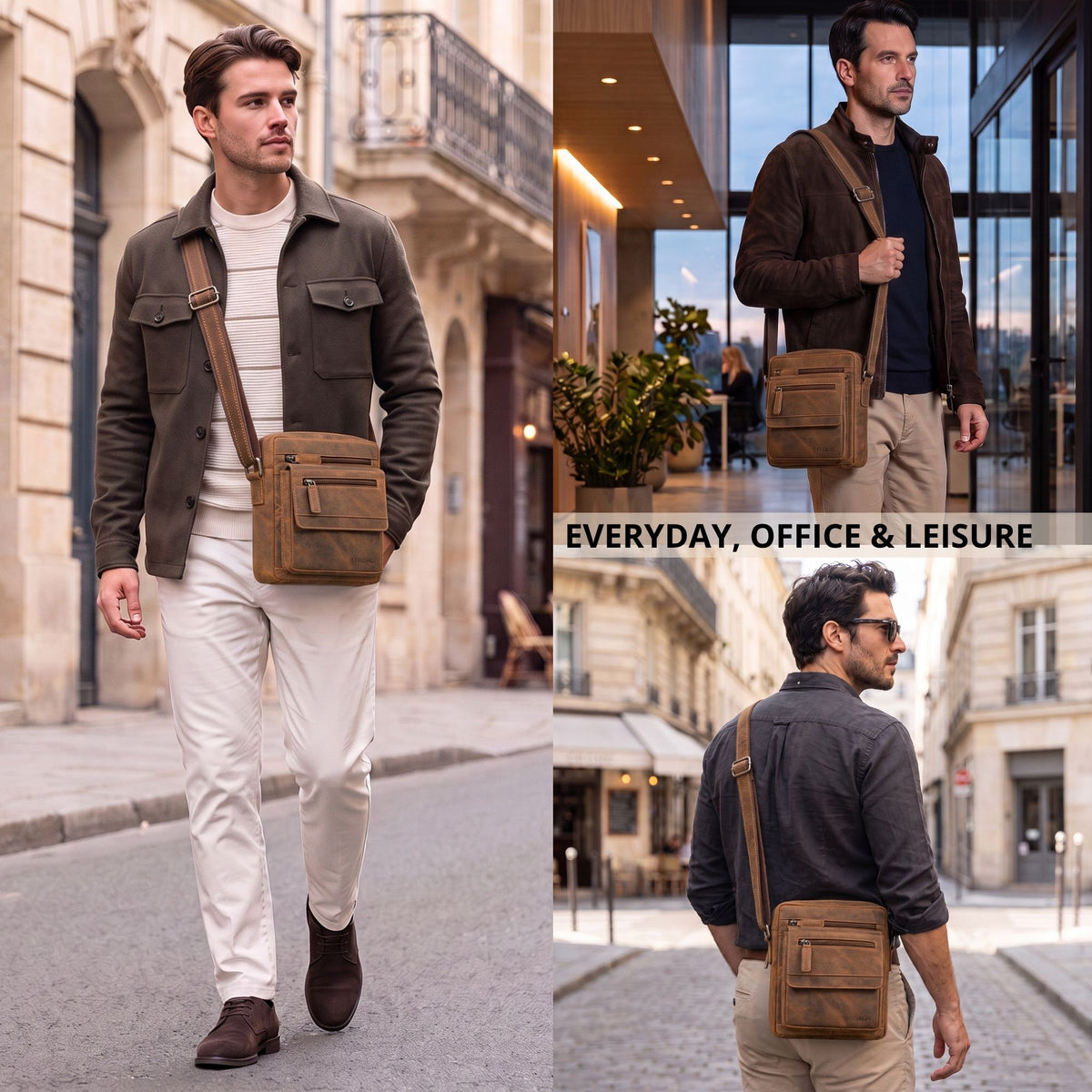 Flat men's leather crossbody bag in bergamo brown, fits 8'' tablet, shoulder-worn in a city street