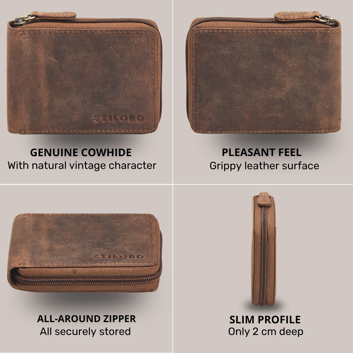 Brown genuine leather zip wallet, four views: front, back, top zipper and slim side profile with STILORD embossing visible
