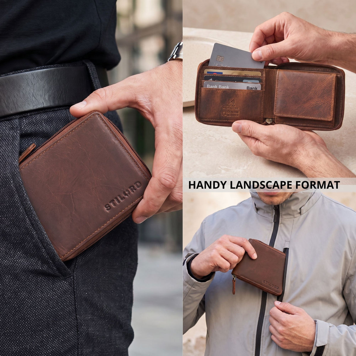 Landscape leather wallet in cognac with STILORD embossing, open showing card slots and coin pocket, hands and pockets visible