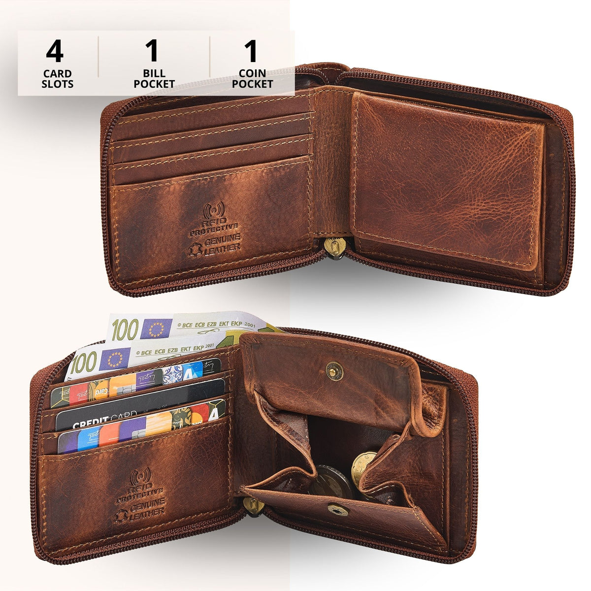 Leather wallet kara cognac, open interior with card slots, coin pocket and bill compartment, RFID protection embossing