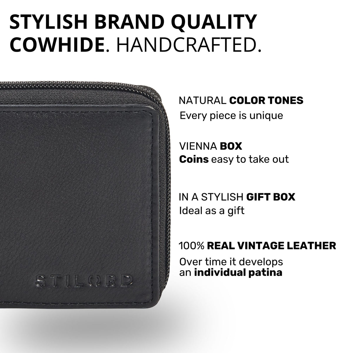 Ernie leather wallet, black cowhide close-up of corner with zipper, visible STILORD embossed logo and leather texture
