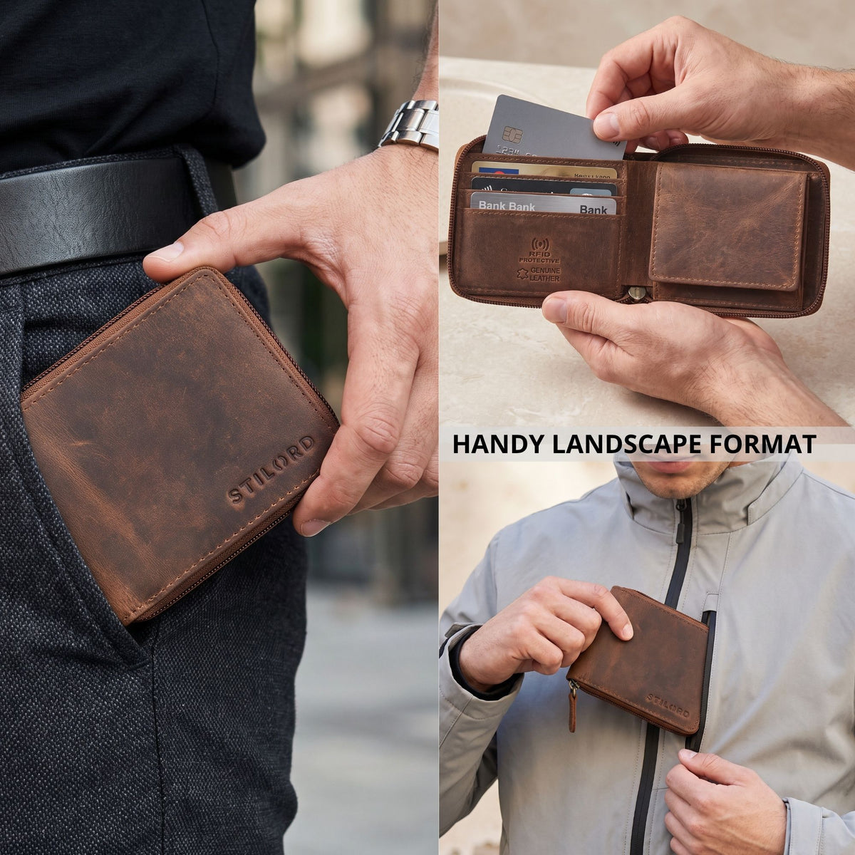 Compact leather wallet medium brown, landscape zip format showing card slots, coin pocket and STILORD embossing with RFID protective lining