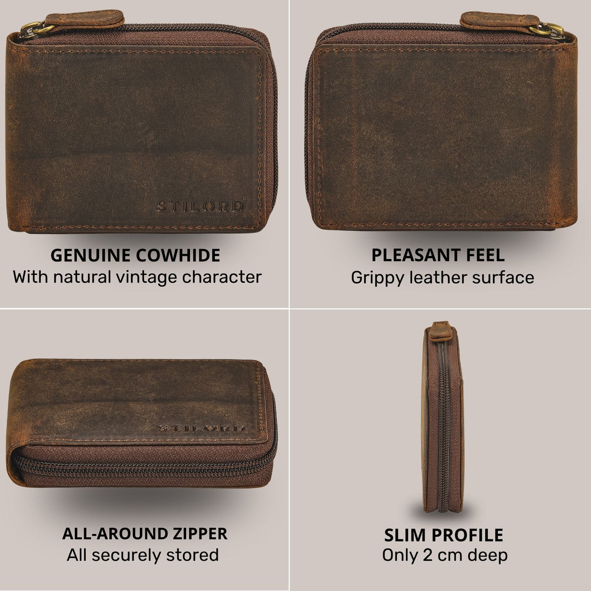 Compact genuine leather wallet kreta brown, zip-around view showing front, back and slim side, STILORD emboss visible