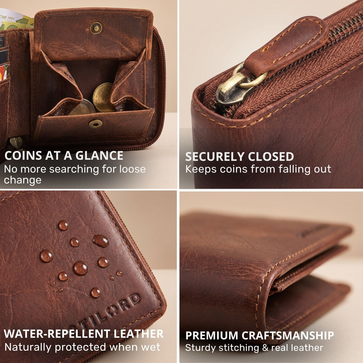 Cognac leather wallet with open box-style coin pocket, zipper close-up, water-repellent leather and visible STILORD embossing