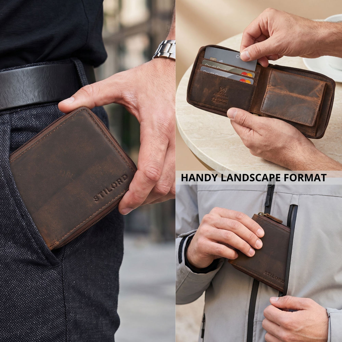 Landscape leather wallet in kreta brown, open view with card slots and coin pocket, RFID protection, STILORD embossing