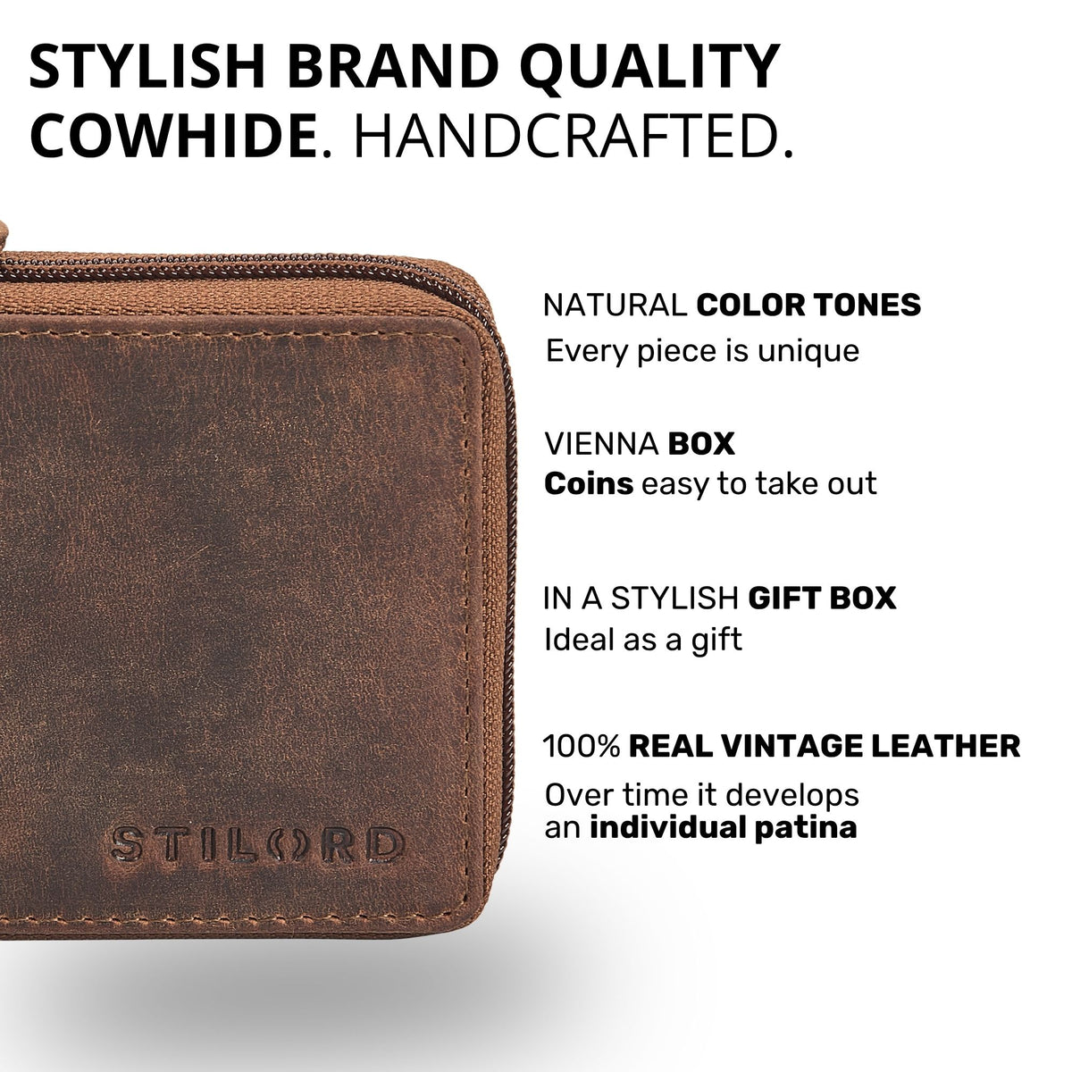 Compact leather wallet in medium brown, close-up of front corner with zipper, distressed texture and STILORD embossing