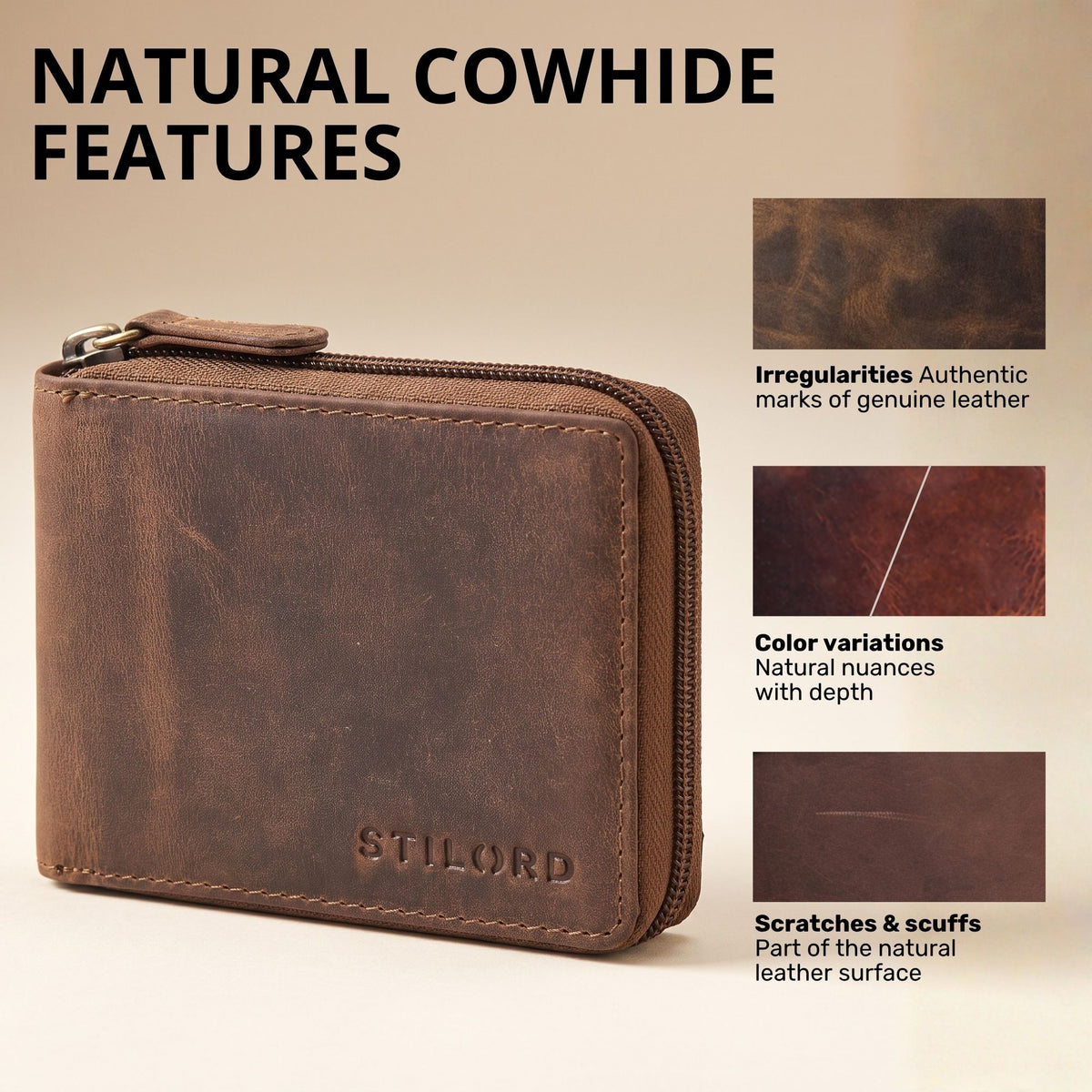 Compact genuine leather wallet in medium brown, front close-up with zipper and visible STILORD embossing, natural leather marks