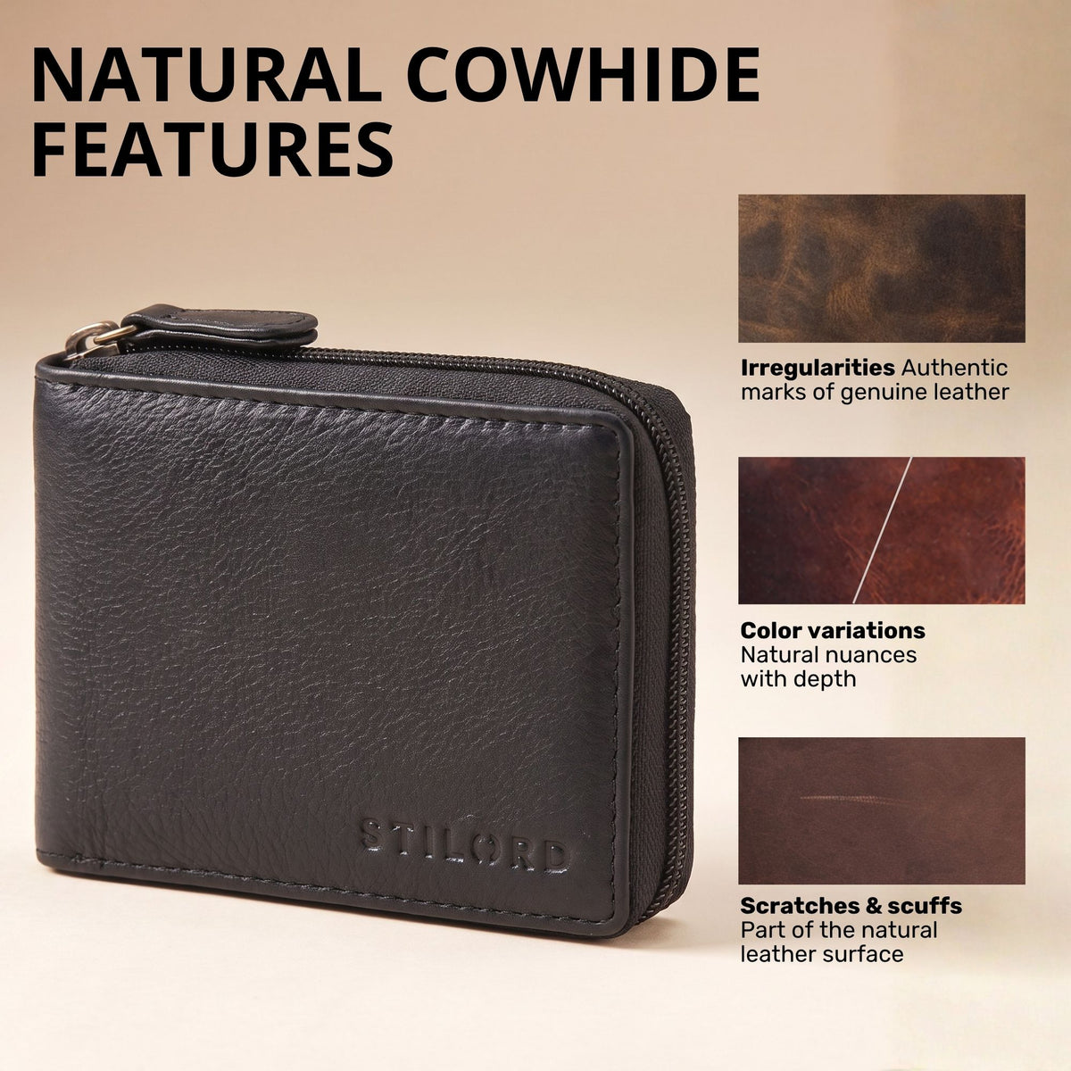 Compact genuine leather wallet, black zip-around, front-side view with visible STILORD embossing and leather grain samples on right