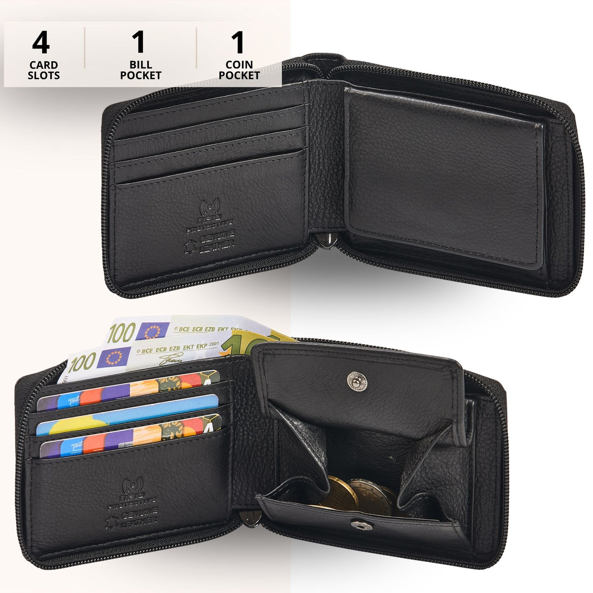 black genuine leather wallet open, box coin pocket, 4 card slots and bill compartment, visible RFID embossing