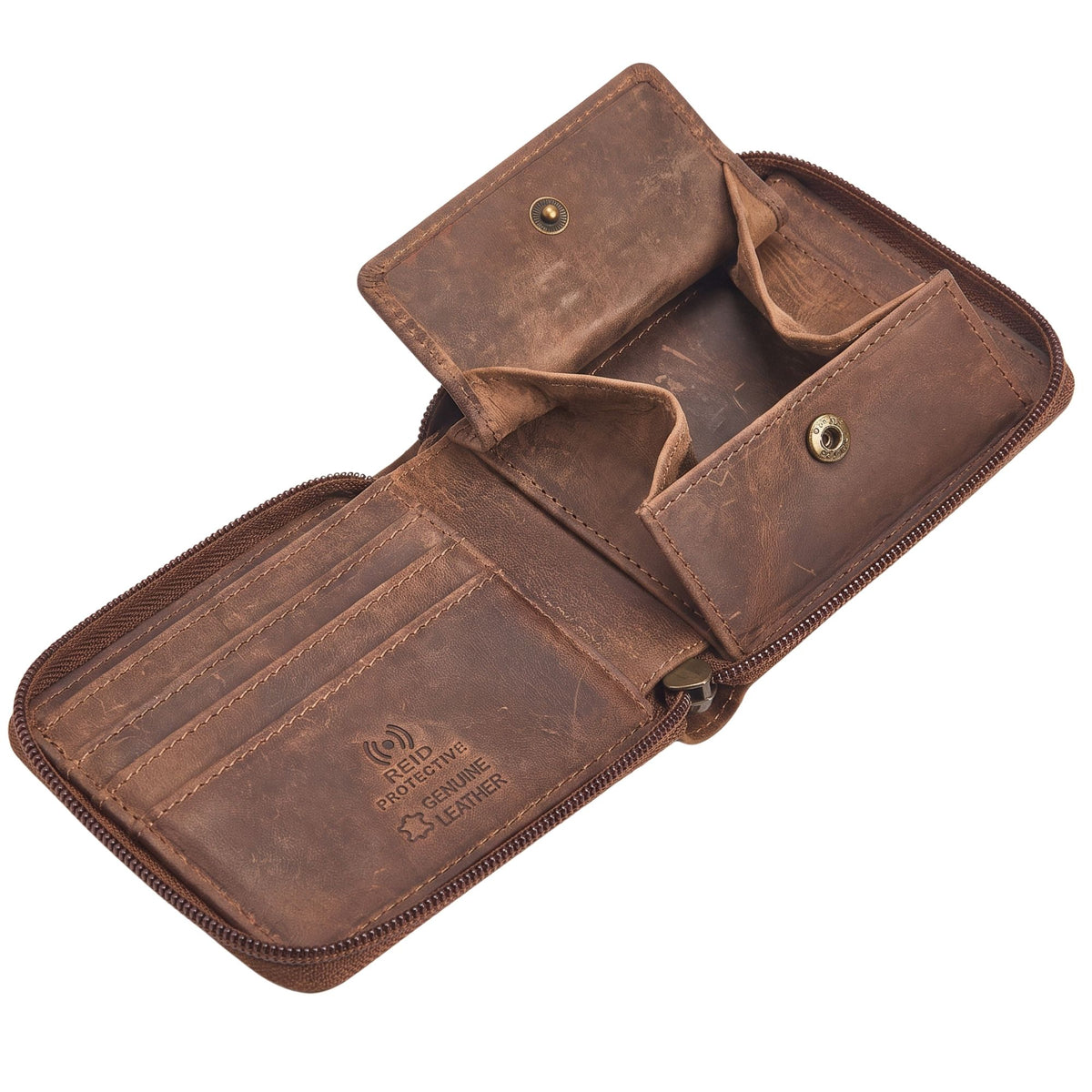 Open genuine leather wallet in medium brown with Wiener coin pocket, card slots, zipper edge and RFID stamp, angled close-up.