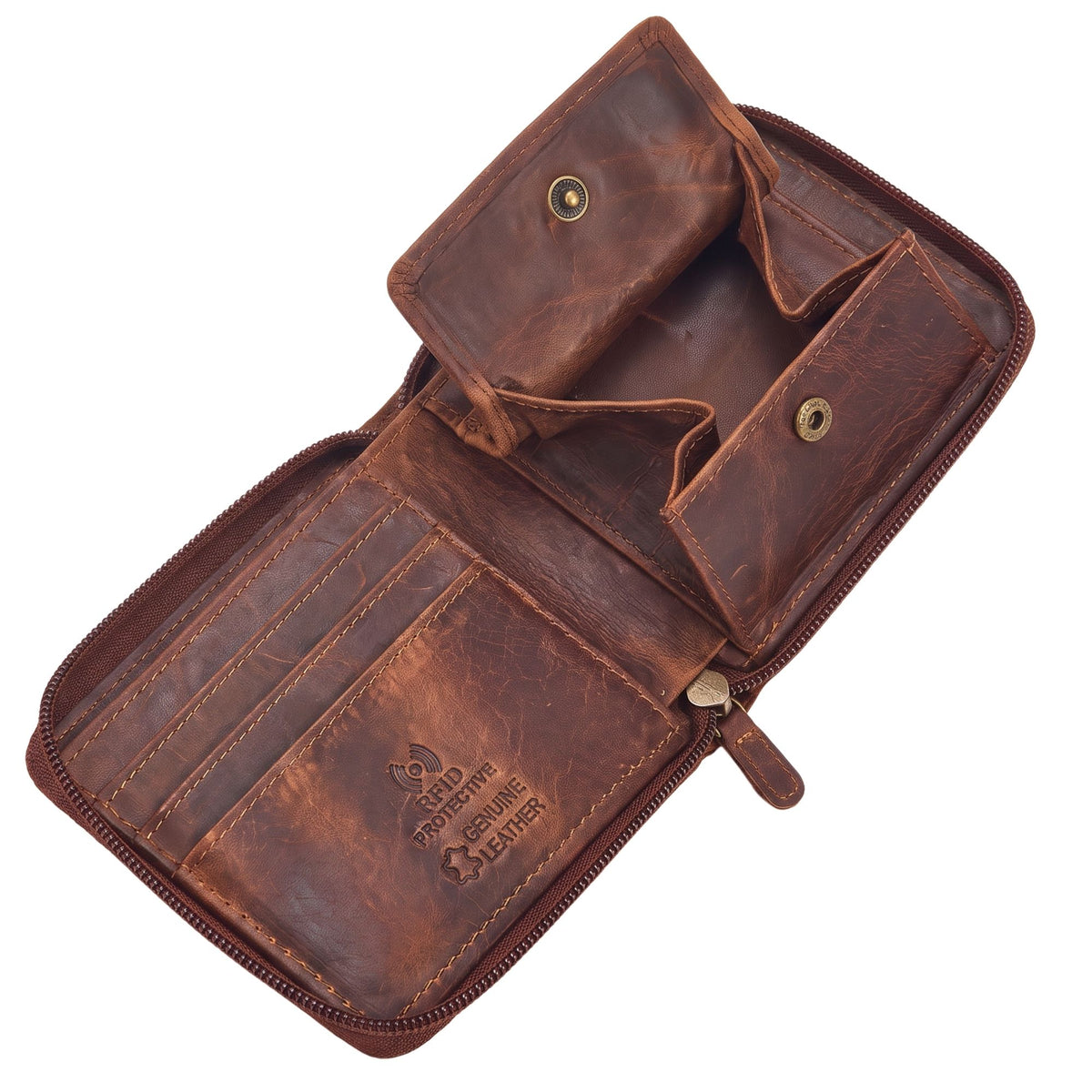 Open cognac leather wallet, horizontal format, card slots, snap coin pocket, visible RFID protection embossing