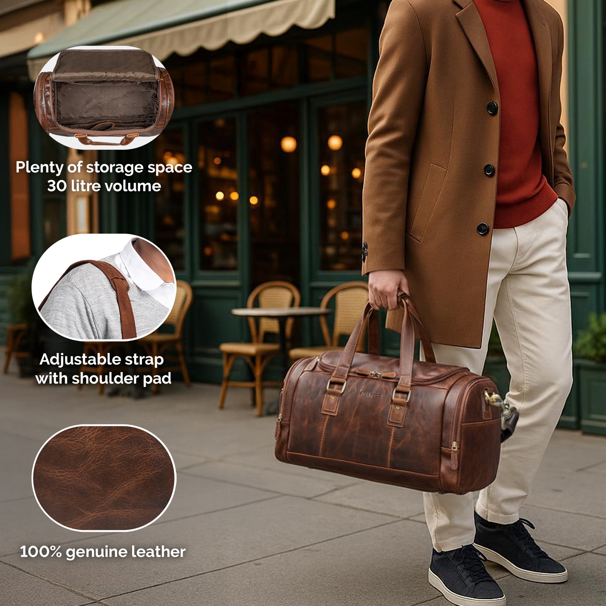 leather gym duffle bag small cognac