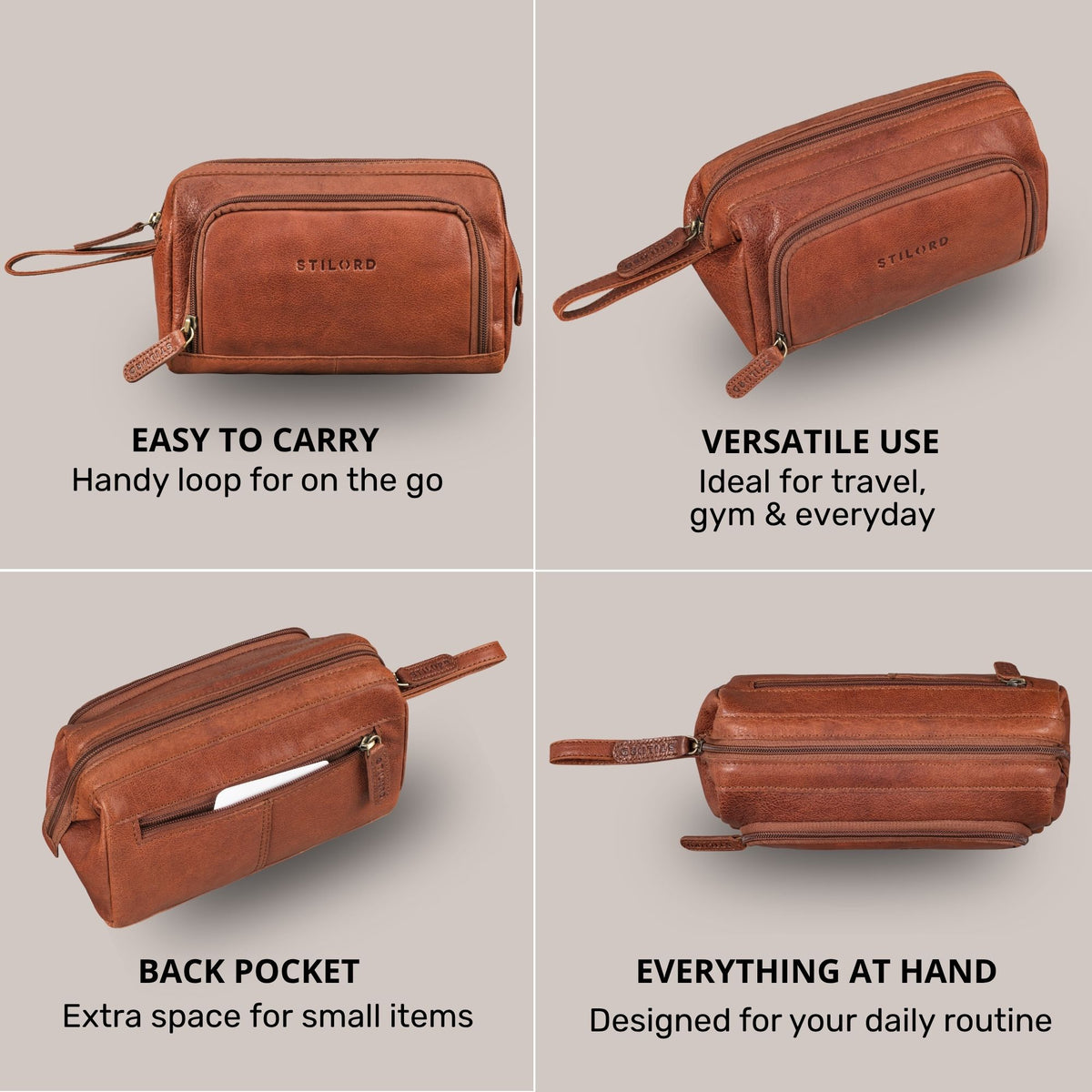 Henry leather toiletry bag in maraska brown with wrist strap, exterior zip pocket and STILORD embossing
