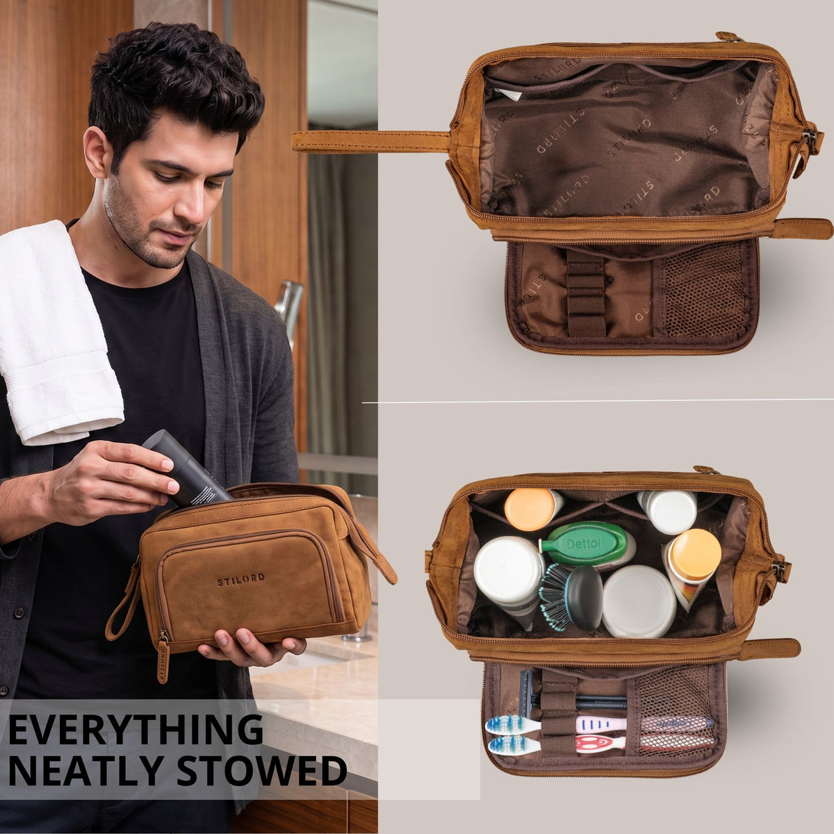 Open leather toiletry bag in tan and dark brown with interior compartments and elastic loops, man placing toiletry in bathroom