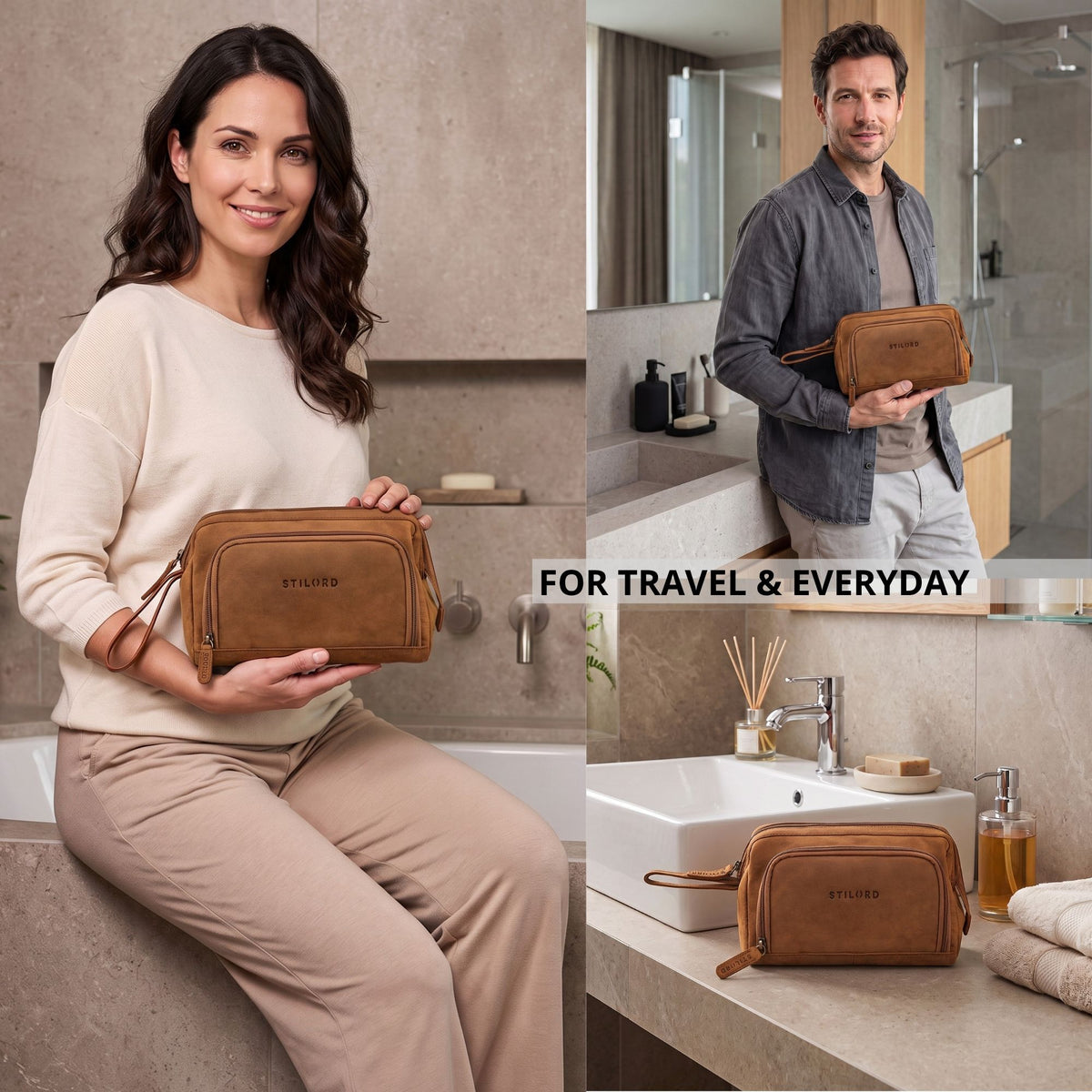 Leather toiletry bag in tan dark brown with embossed STILORD logo and wrist strap, shown held by people and placed on a bathroom sink.