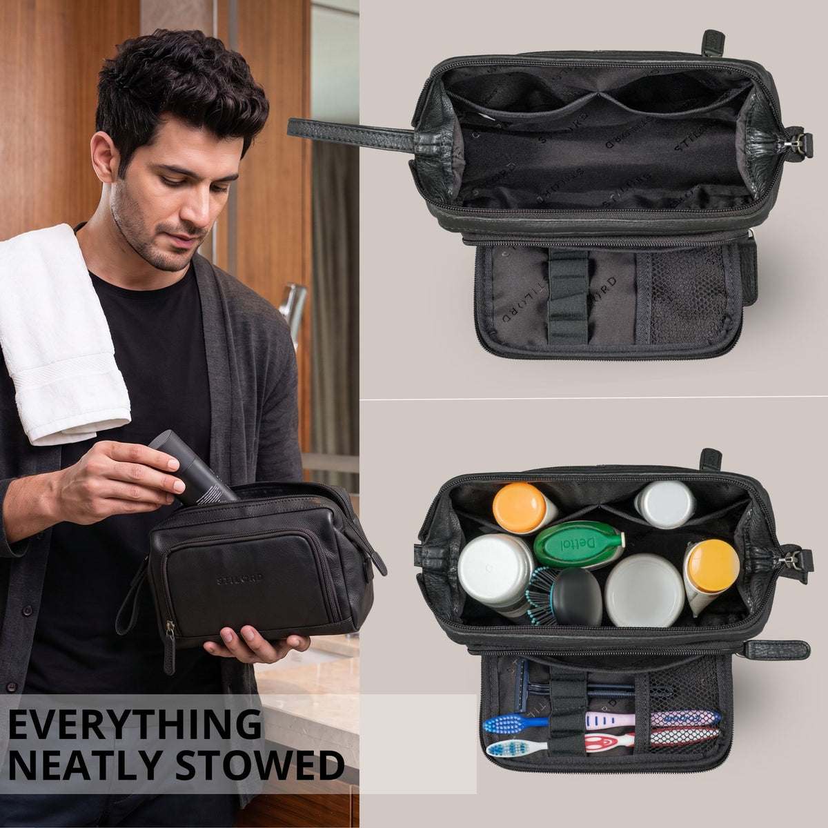 Black leather toiletry bag with wide-open main compartment, internal dividers, elastic loops and zip pocket; man placing a tube