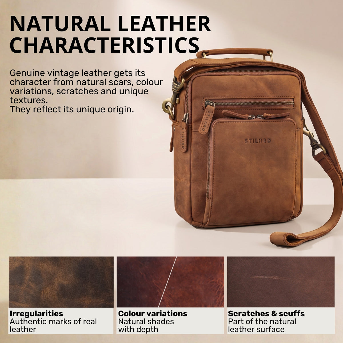 Small leather crossbody bag tan/dark brown, front view with top handle, adjustable shoulder strap and visible STILORD embossing