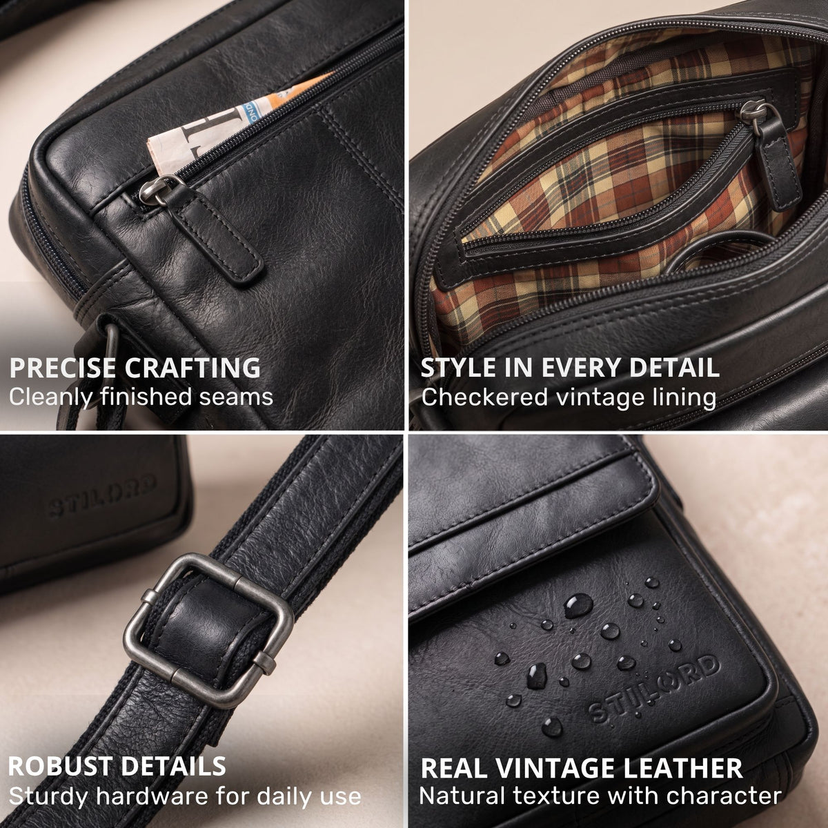 Small black leather crossbody bag, close-up of seams, checkered lining, strap buckle and water-resistant leather with embossed logo