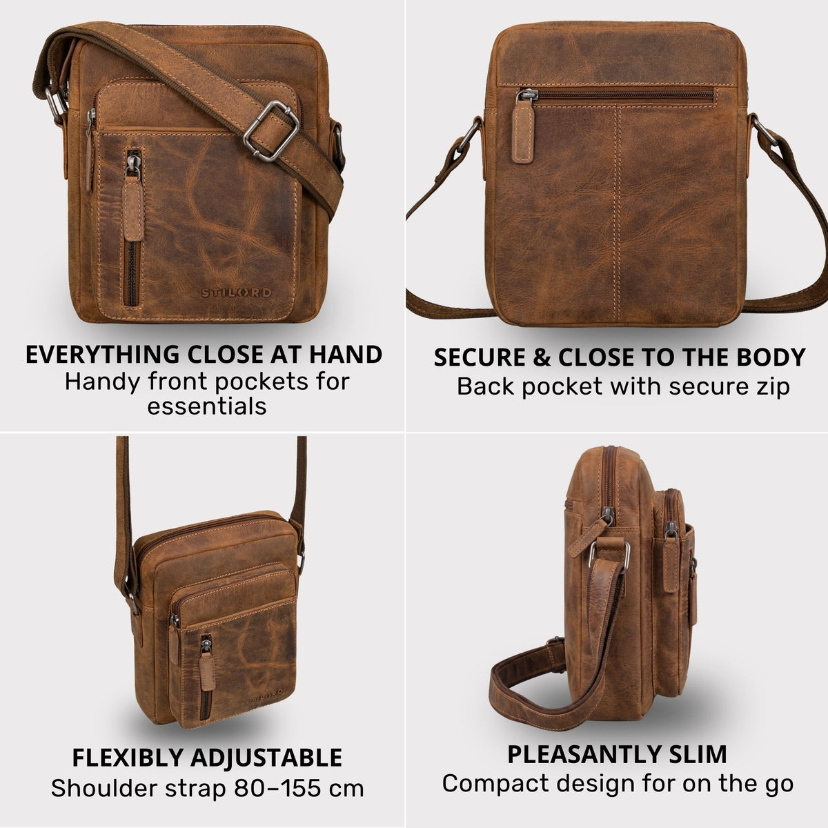 Kleine braune Leder-Schultertasche, Front-, Rück- und Seitenansichten, sichtbare Reißverschlüsse, verstellbarer Schulterriemen