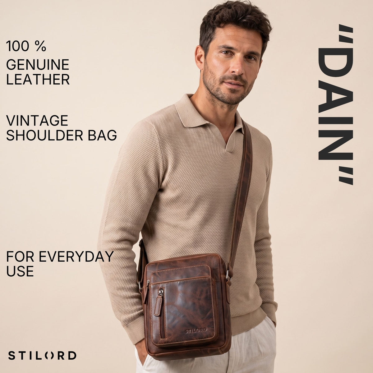 Mann trägt kleine Vintage-Schultertasche aus braunem Leder, Fronttasche mit Reißverschluss, quer über Körper