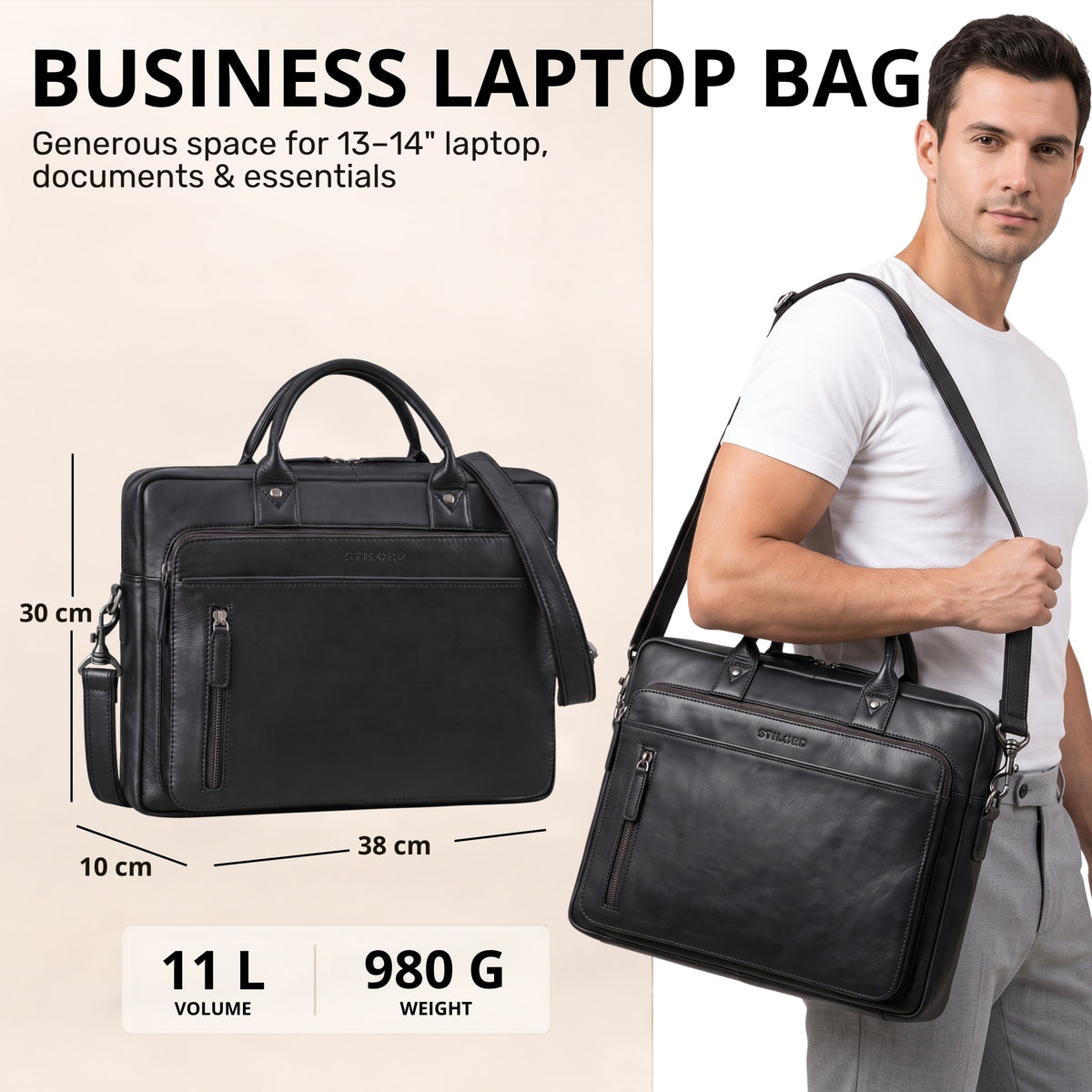 Schwarze Leder-Business-Tasche für 13–14 in Laptop, Frontansicht mit Schultergurt und sichtbarer STILORD-Prägung