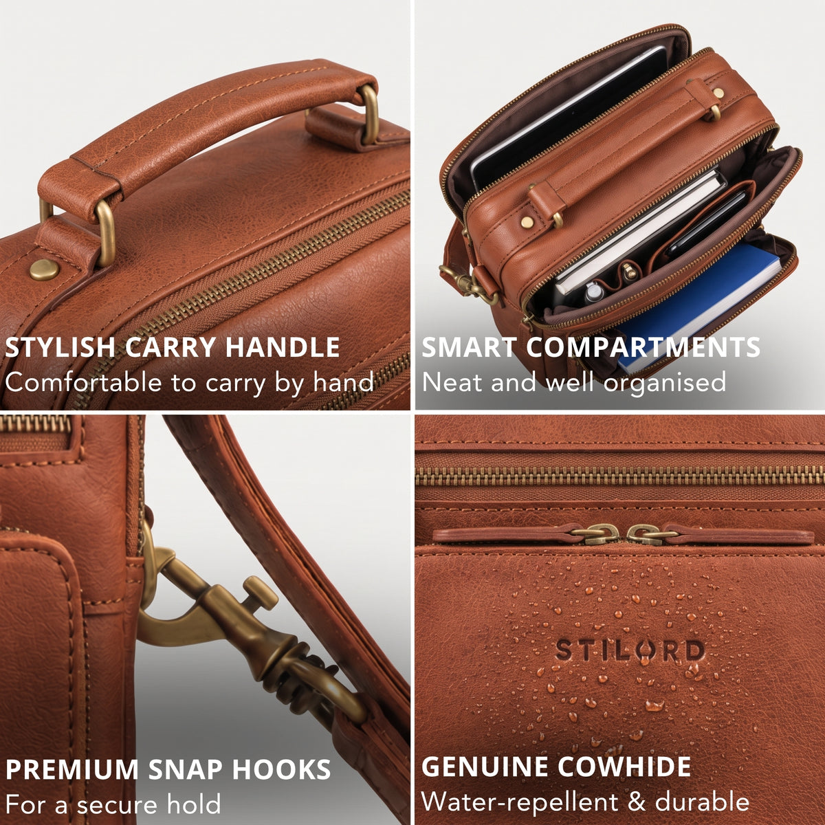 Small men's leather shoulder bag maraska brown, detail collage: carry handle, open compartments with tablet, snap hooks, STILORD embossing