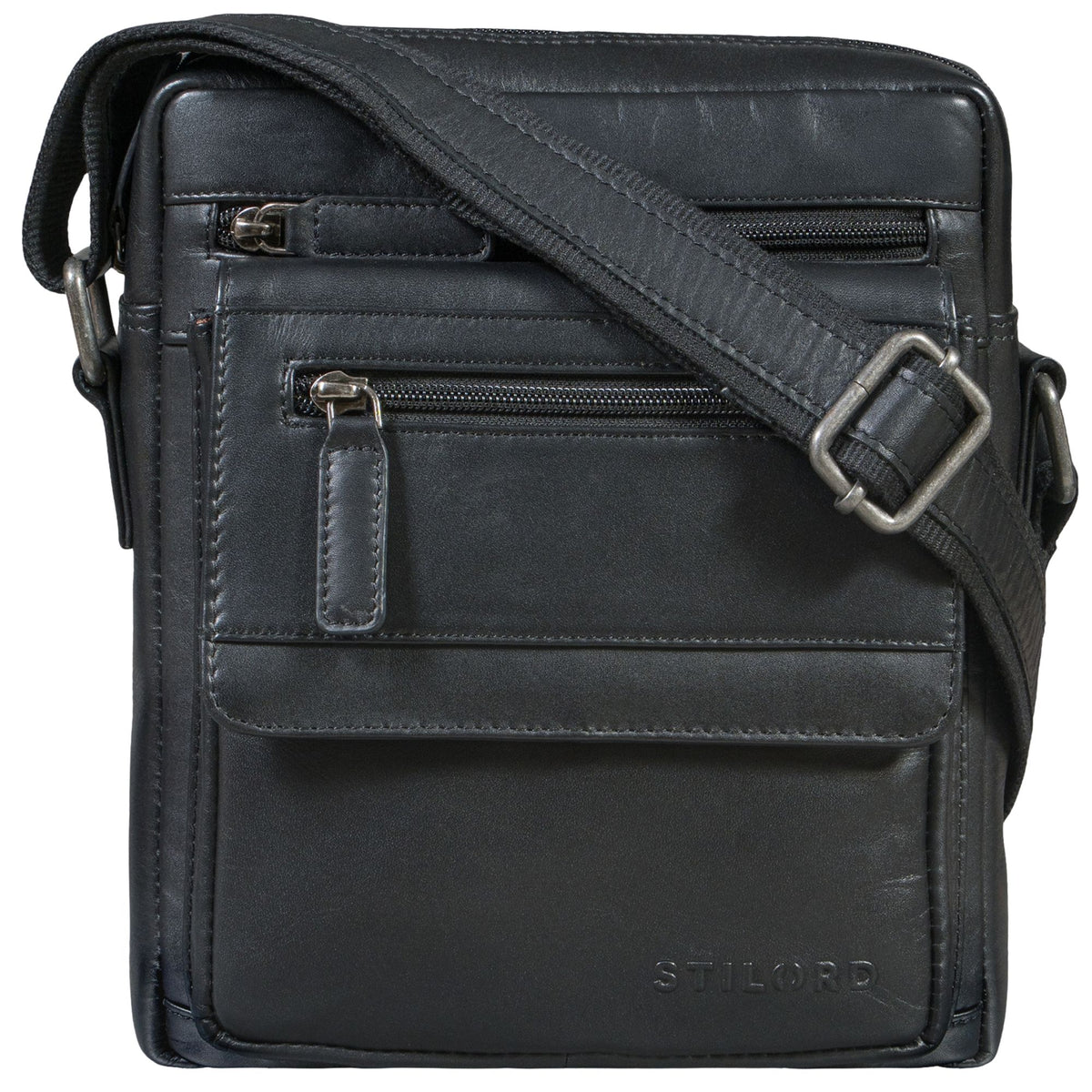 Small black leather crossbody bag, flat design for 8-inch tablet, front zip pockets, adjustable shoulder strap, STILORD embossing
