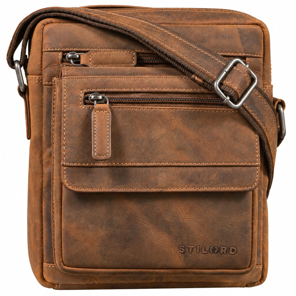 Flat men's leather crossbody in bergamo brown, front zip pockets, flap pocket, adjustable shoulder strap, STILORD embossing