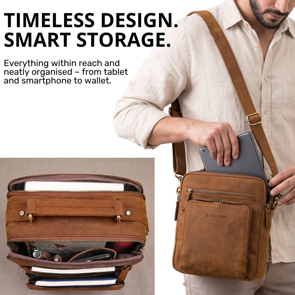 Small leather crossbody bag tan dark brown, man inserts 10.1-inch tablet into front compartment, front pocket embossed STILORD