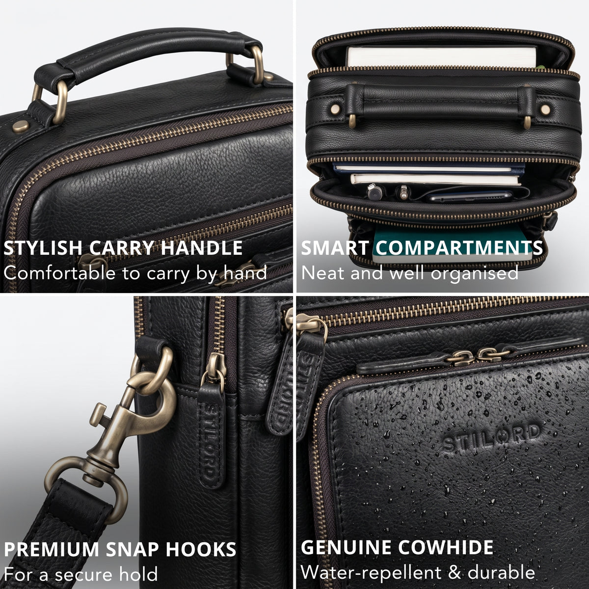 Black leather small crossbody bag with top handle, open compartments with tablet, brass snap hook and water-repellent STILORD embossing