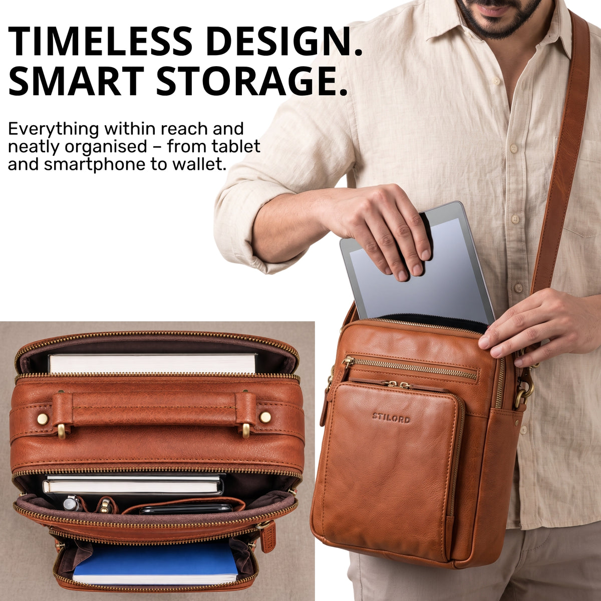 Small brown leather crossbody bag maraska, man inserts 10.1-inch tablet, STILORD embossing, interior pockets visible