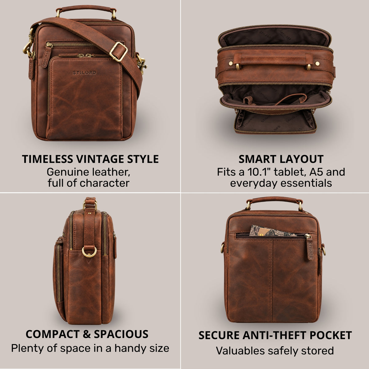 Four views of a small brown leather shoulder bag for men with top handle, fits 10.1" tablet, back zip pocket
