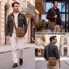 Flat men's leather crossbody bag in bergamo brown, fits 8'' tablet, shoulder-worn in a city street