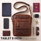 Small flat men's leather crossbody in salerno brown, front view with zip pockets, 8-inch tablet and STILORD embossing