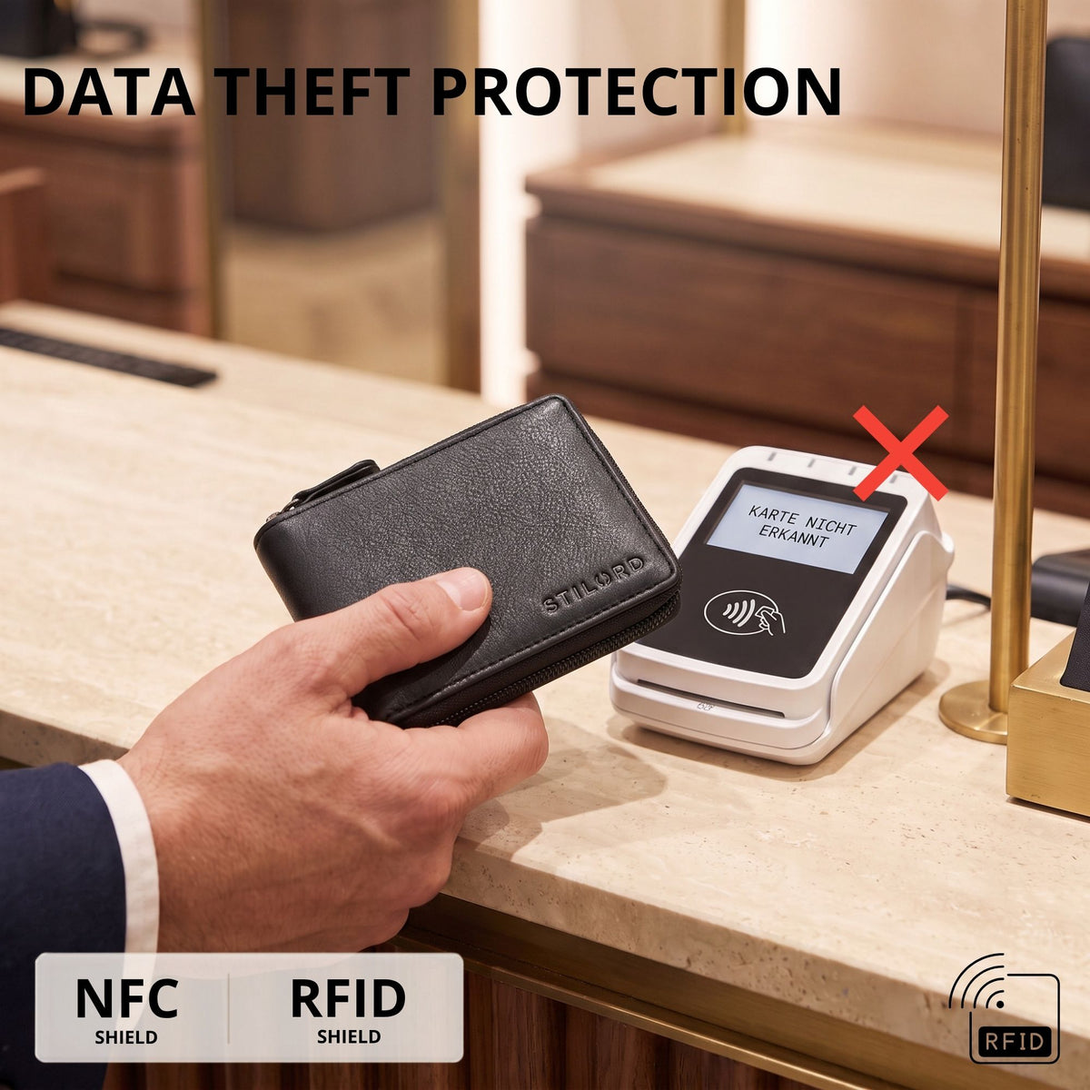 Black genuine leather wallet with RFID blocking, coin-box style, STILORD embossing, held near card reader at checkout