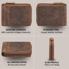 Brown genuine leather zip wallet, four views: front, back, top zipper and slim side profile with STILORD embossing visible