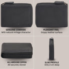 Black cowhide leather wallet showing front, back and slim 2 cm side profile, all-around zipper and STILORD emboss