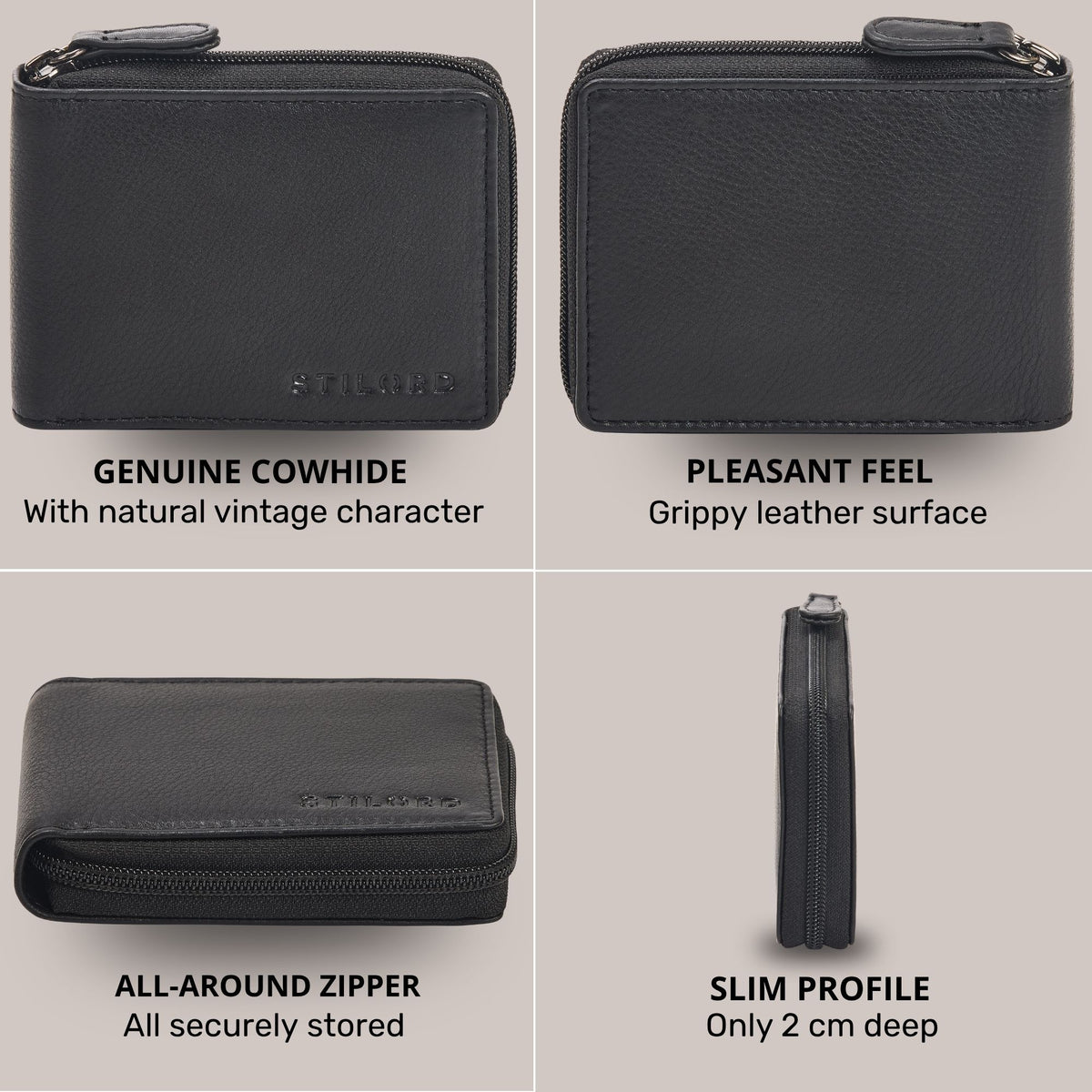 Black cowhide leather wallet showing front, back and slim 2 cm side profile, all-around zipper and STILORD emboss