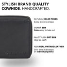 Ernie leather wallet, black cowhide close-up of corner with zipper, visible STILORD embossed logo and leather texture