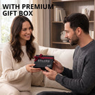 Gift box with STILORD logo and ribbon, black box handed between a smiling couple on a sofa