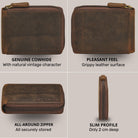 Compact genuine leather wallet kreta brown, zip-around view showing front, back and slim side, STILORD emboss visible