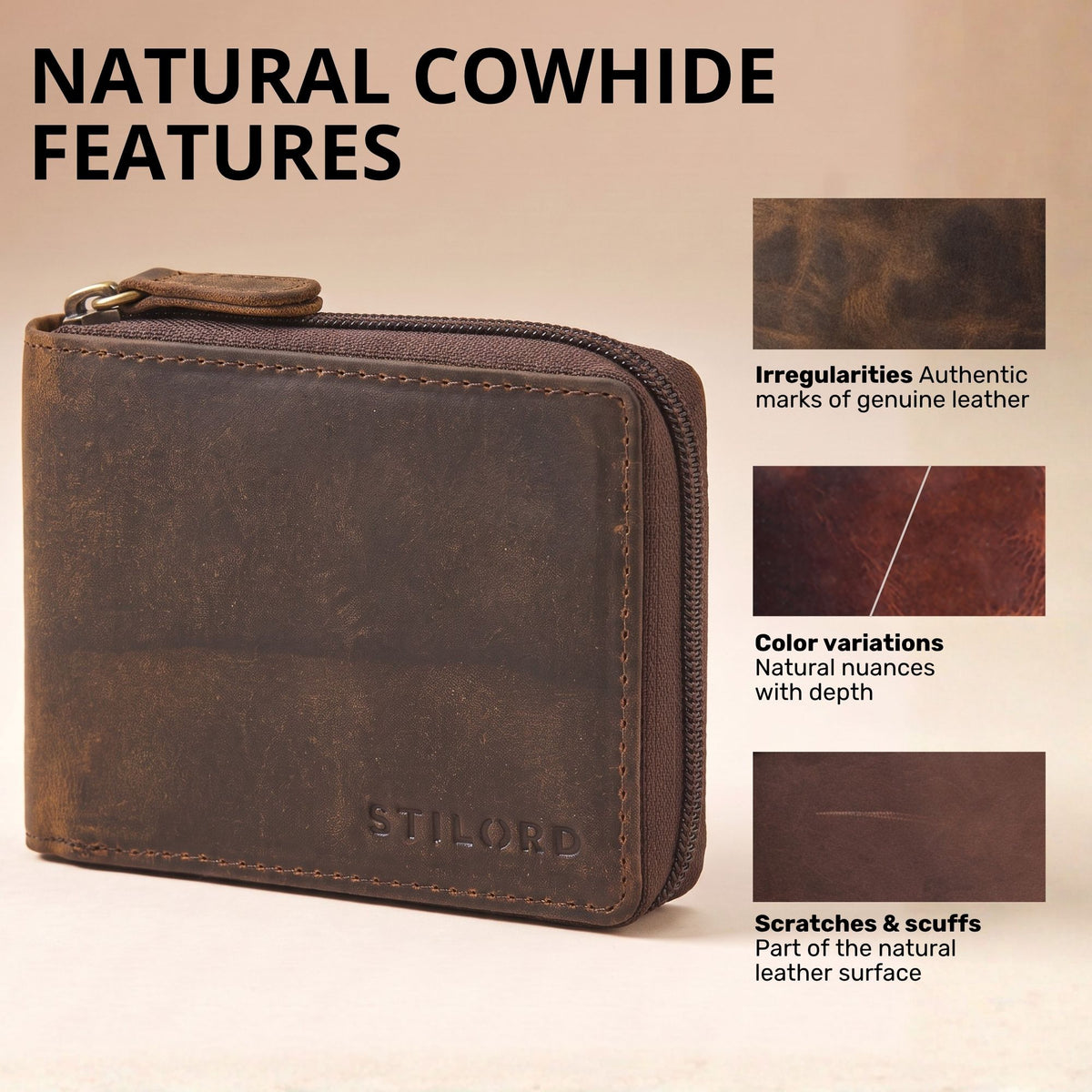 Brown zip leather wallet in distressed cowhide finish, front view with visible STILORD embossing