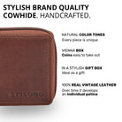 Compact genuine leather wallet in cognac with zip, visible stitching and STILORD embossing