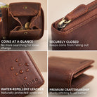Cognac leather wallet with open box-style coin pocket, zipper close-up, water-repellent leather and visible STILORD embossing