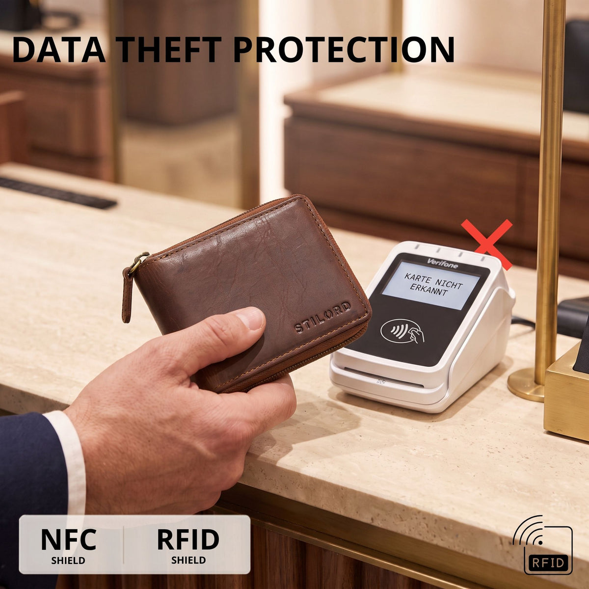 Compact leather wallet Wiener-box style in cognac with STILORD embossing, hand holding zip near card terminal, RFID/NFC protection