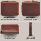 Compact cognac leather wallet with zip-around, slim 2 cm profile, STILORD embossing visible