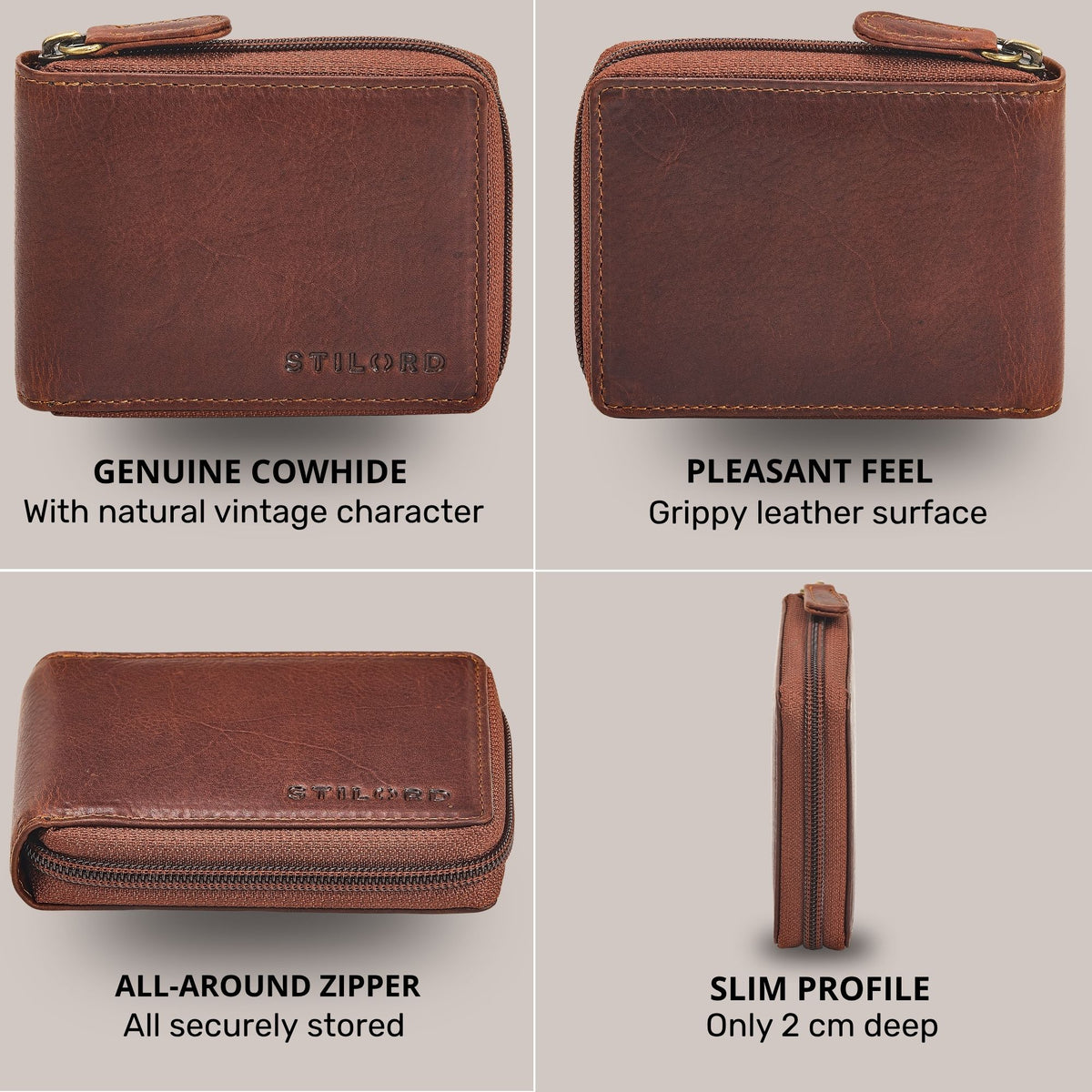 Compact cognac leather wallet with zip-around, slim 2 cm profile, STILORD embossing visible
