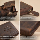 Brown genuine leather wallet kreta showing open coin compartment, zipper pull, water-repellent surface and STILORD embossing