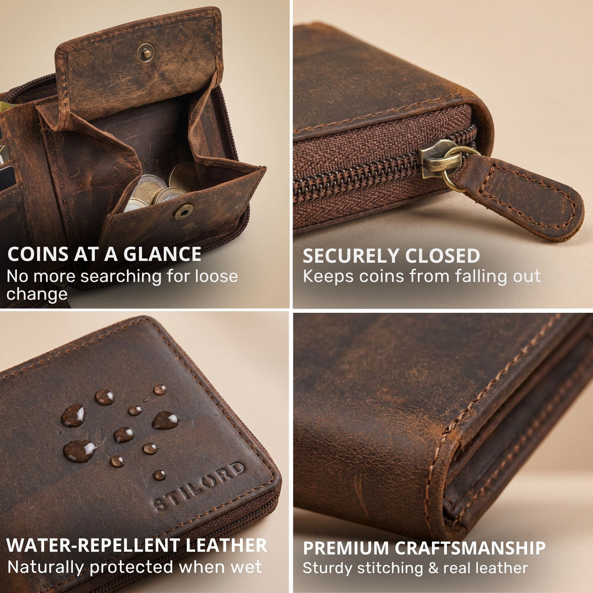 Brown genuine leather wallet kreta showing open coin compartment, zipper pull, water-repellent surface and STILORD embossing