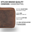 Compact leather wallet in medium brown, close-up of front corner with zipper, distressed texture and STILORD embossing